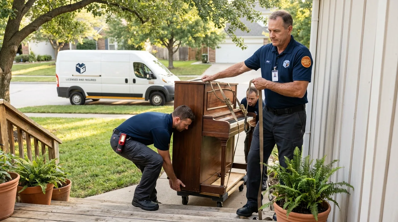 Licensed piano movers securing grand piano in Blytheville, AR
