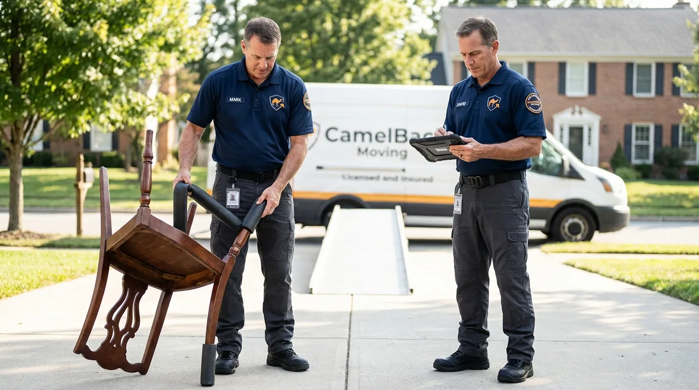Movers inspecting furniture for damage prevention before loading in Blytheville, AR