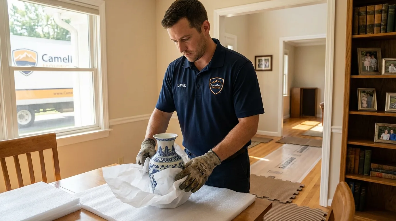 Professional crew carefully wrapping antique vase for senior downsizing move in Blytheville, AR